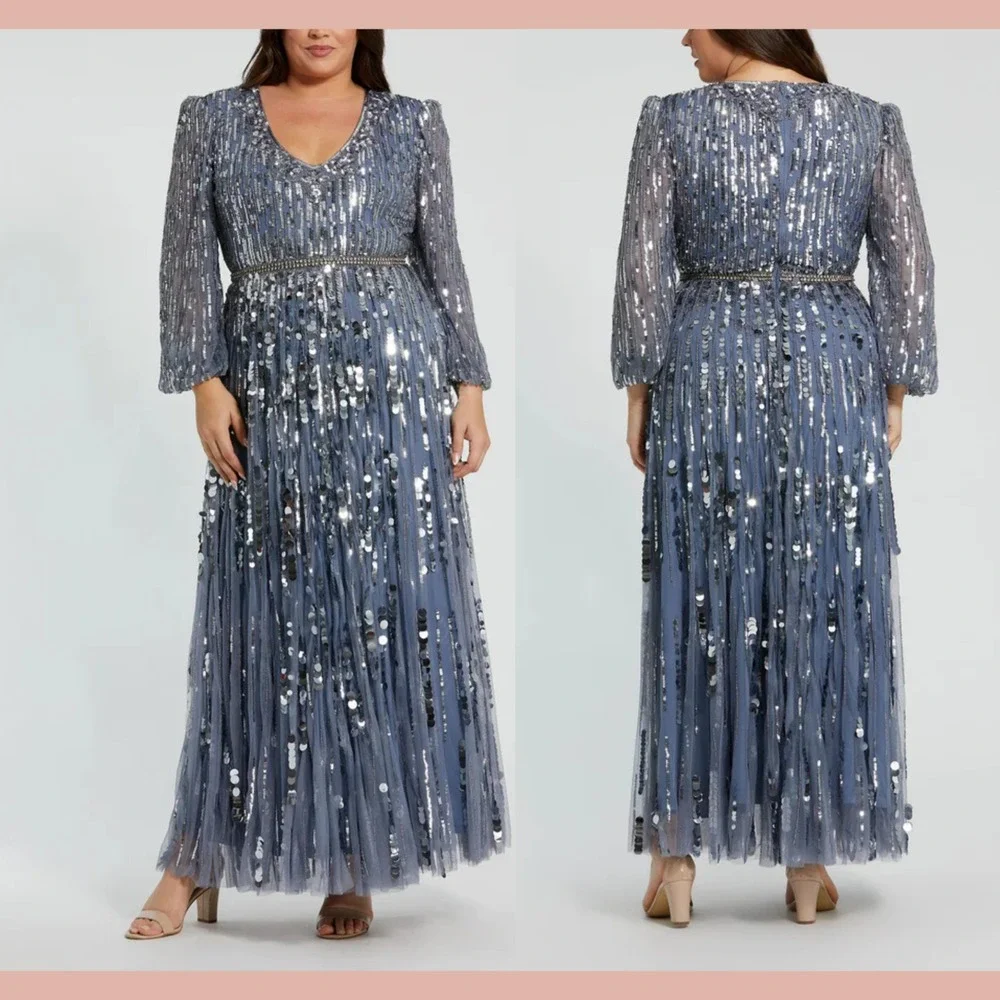 NWT MAC DUGGAL [ 14 ]‎ 10019 Long Sleeve Beaded Crystal V Neck Gown Slate J1624